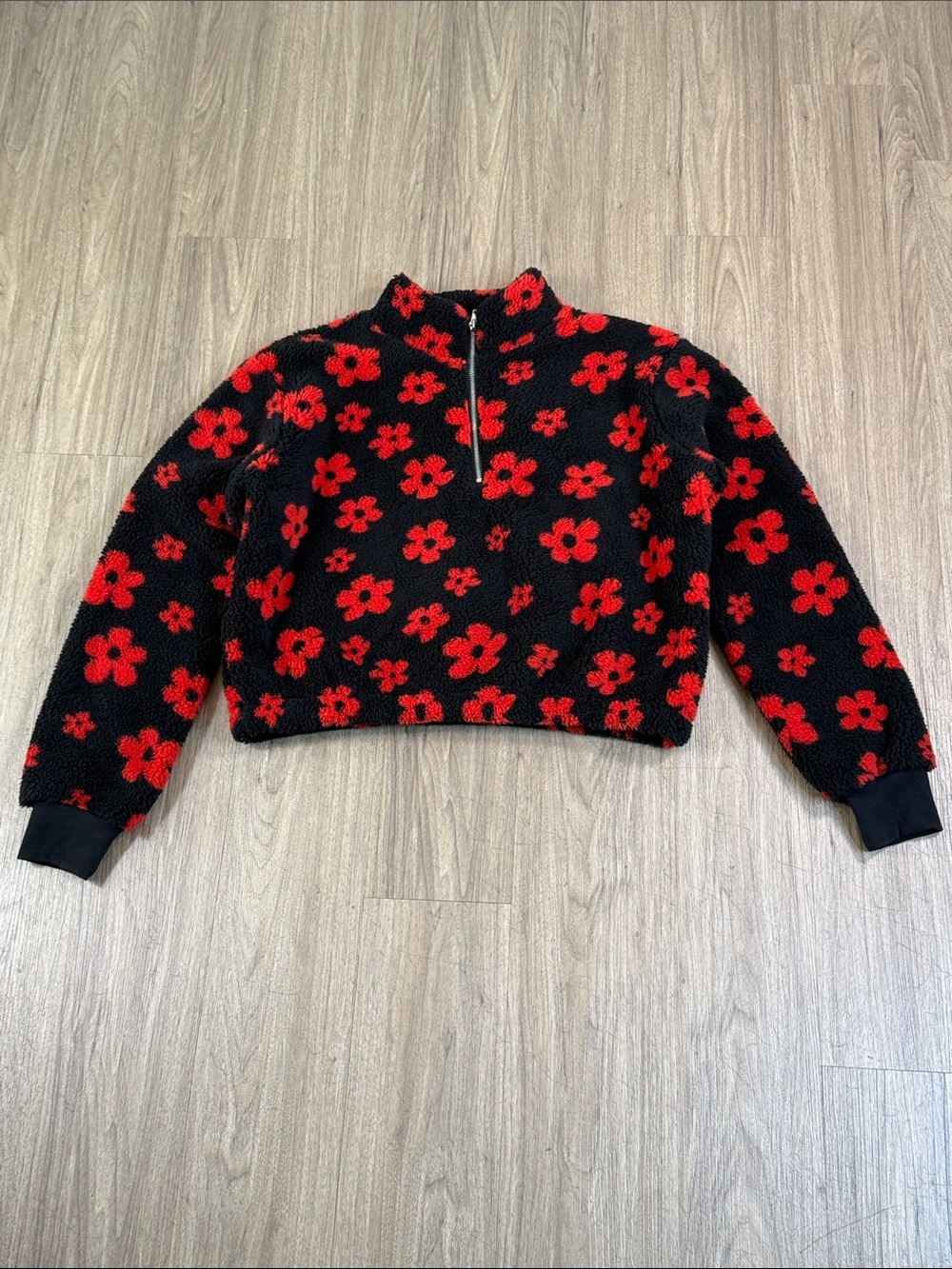 Cropped Black & Red Floral Half-Zip Fleece Pullover